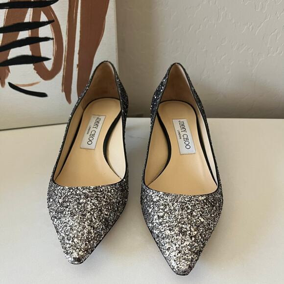 Jimmy Choo Romy Silver Glitter Pointed Toe Slip On Kitten Heel Pumps Size 37 - Picture 2 of 9